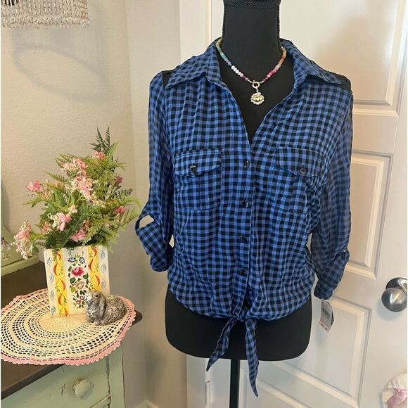 A. Byer NWT Blue Black Plaid Checkered Tie Front Button Up Lace Back Blouse Sz L - Picture 1 of 8